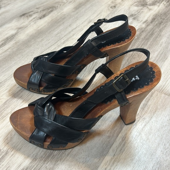 Vintage Y2K Kenneth Cole Tribeca Slingback Heels Black Leather Wooden Platform - Picture 7 of 12